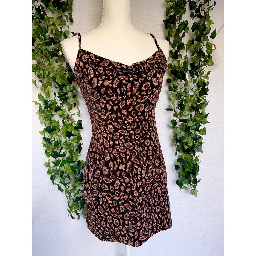Forever 21 Black Rose Gold Cheetah Print Cowl Neck Strappy Mini Dress Small